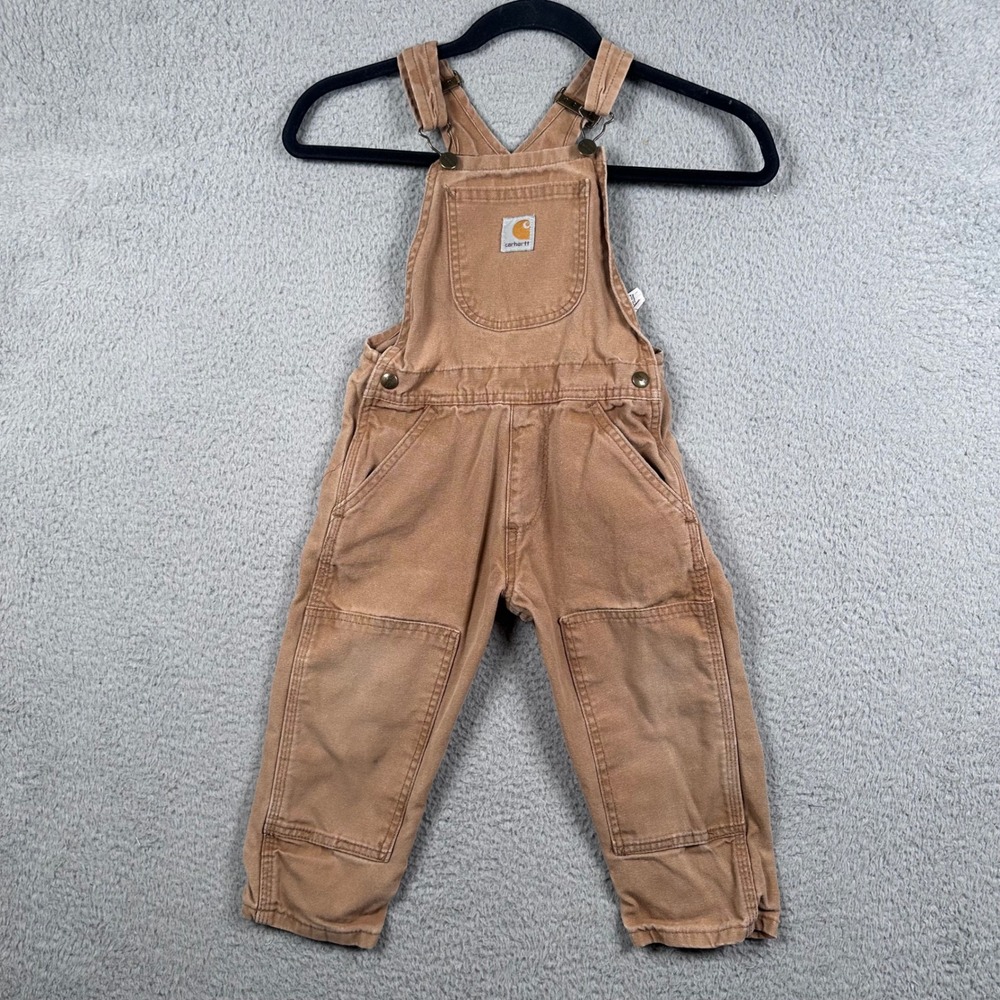 Carhartt Bibs Double Knee Overalls Kids Brown Duck Canvas Hunting Sz 4T Workwear